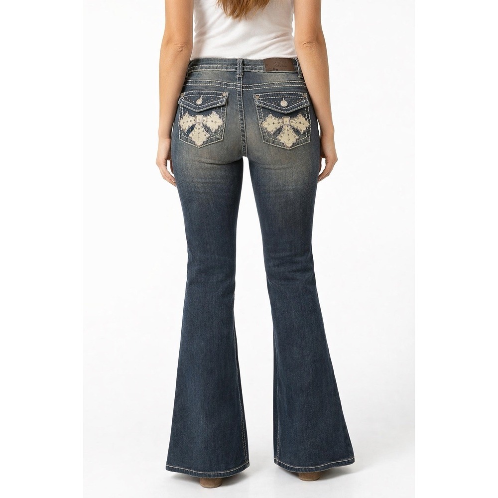 Sky Premium Collection Flare Jeans Blue Embellished Pockets 9/29 Cross Western
